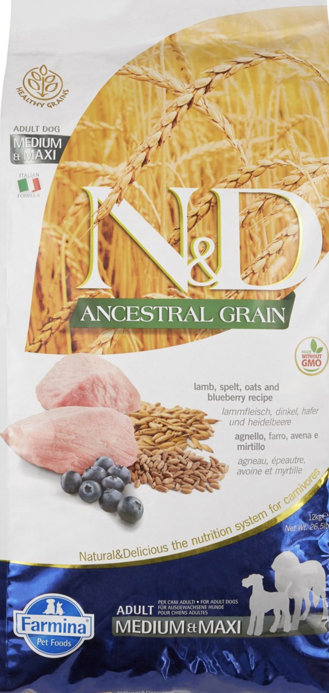 Farmina N&D Ancestral Grain Lamb & Blueberry Medium & Maxi Adult Dry Dog Food