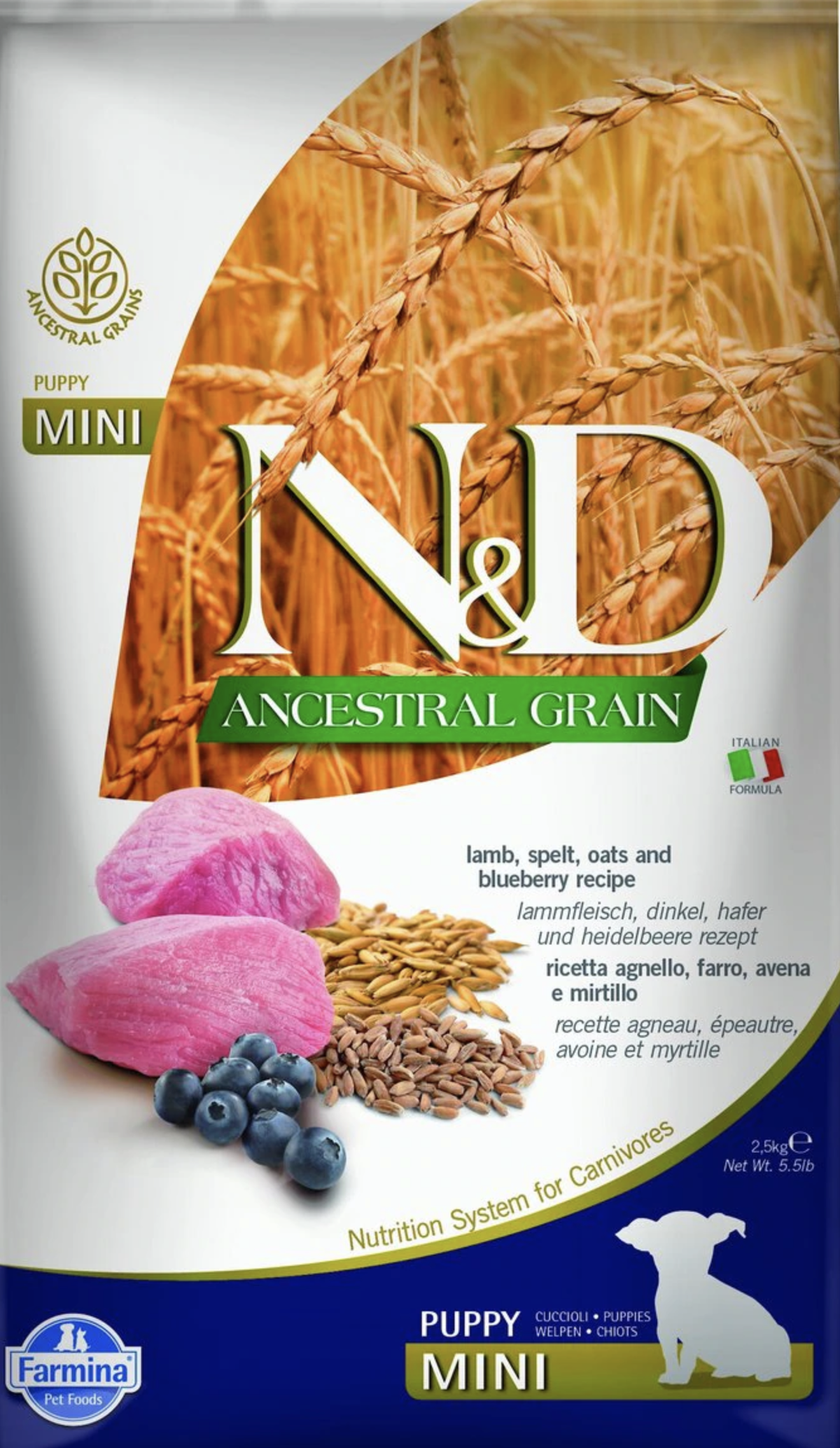 Farmina N&amp;D Ancestral Grain Lamb &amp; Blueberry Mini Breed Dry Puppy Food