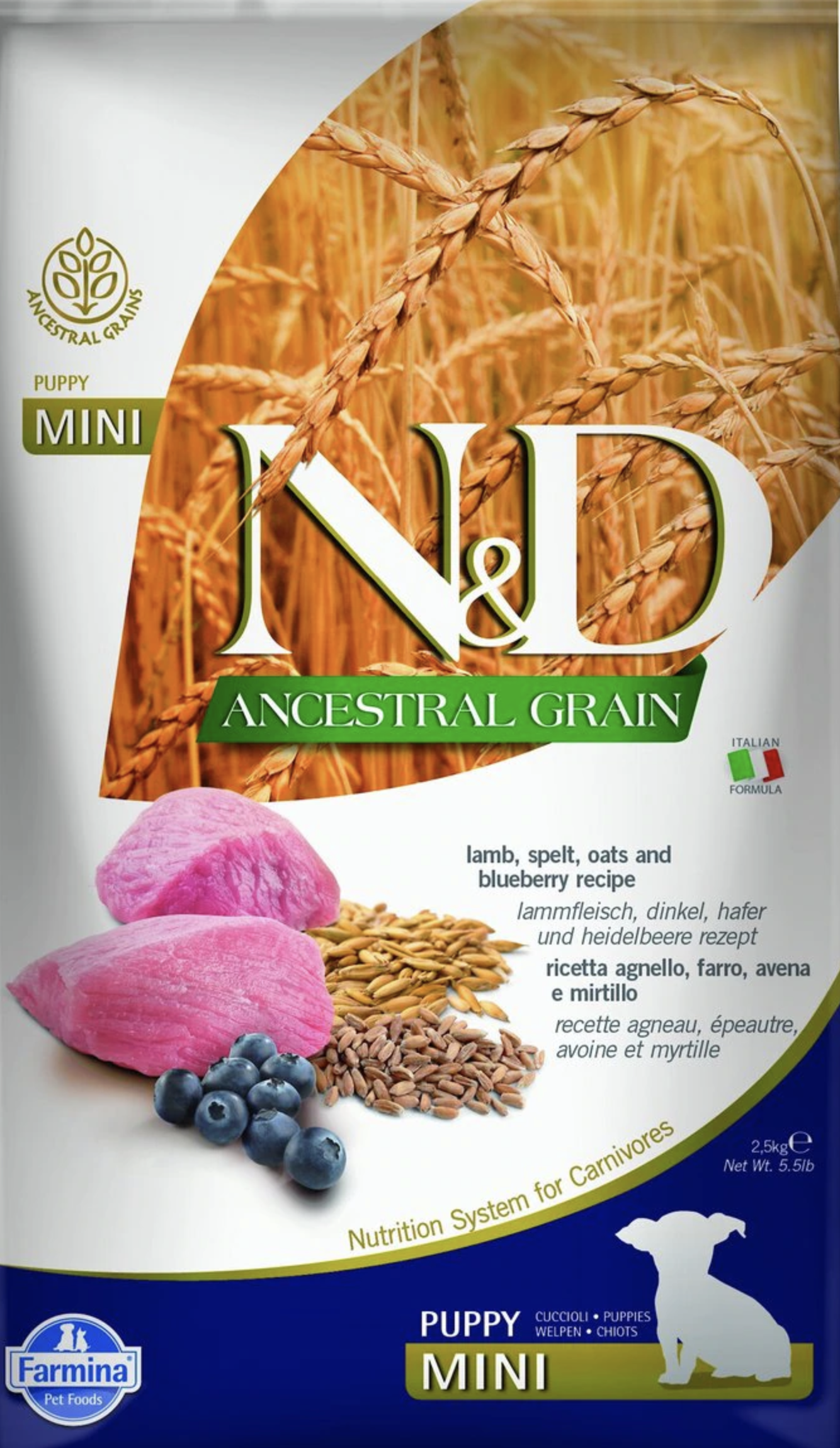 Farmina N&D Ancestral Grain Lamb & Blueberry Mini Breed Dry Puppy Food