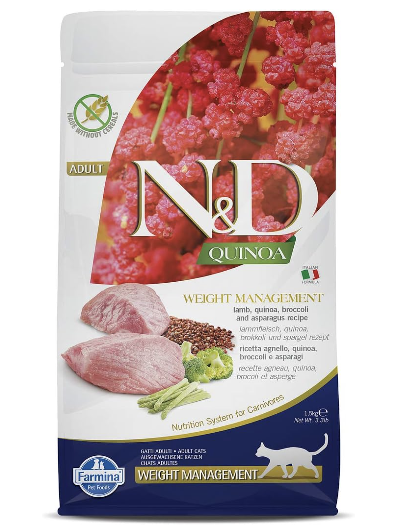 Farmina N&D, Quinoa Weight Management Lamb Quinoa Broccoli and Asparagus Recipe Adult Dry Cat Food