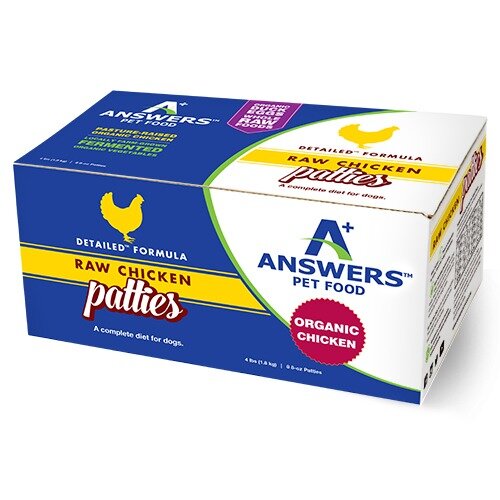 Answers Detailed Chicken Formula 8z Patties Raw Frozen Dog Food 4lbs